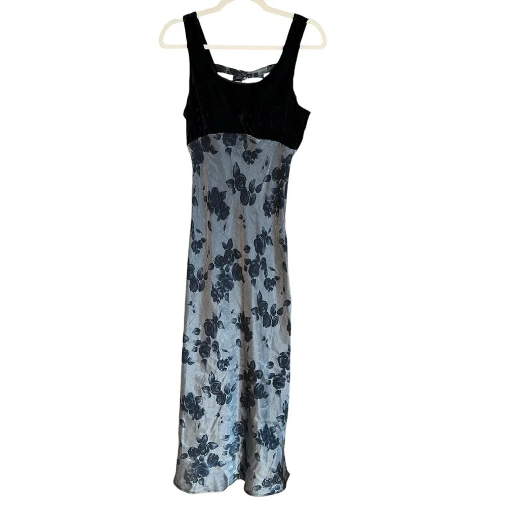 VTG My Michelle Velvet Floral Empire Waist Bias Midi Dress Black XS Romantic Y2K